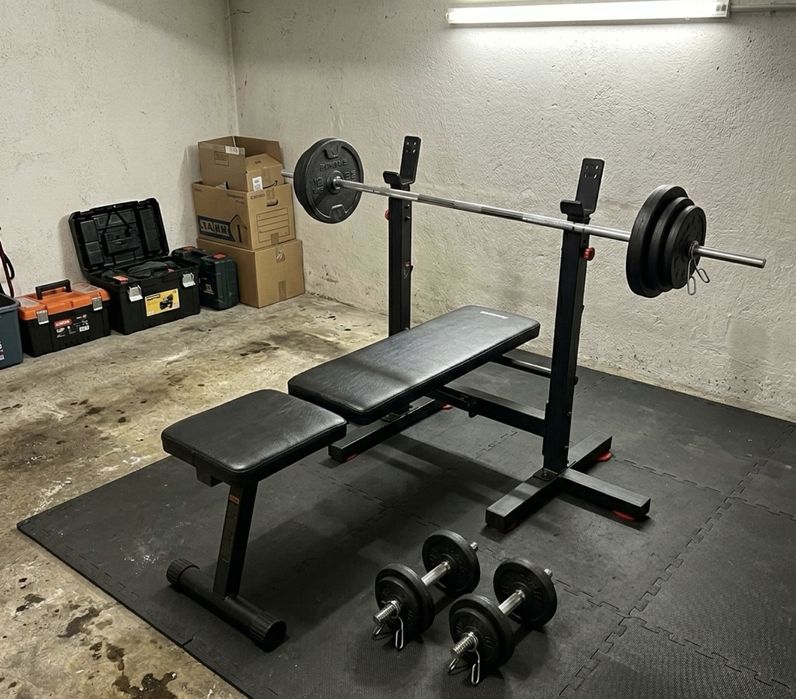 Conjunto Set Musculação 93kg Barra Halteres e Banco de Supino