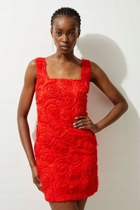 KAREN MILLEN 44 XXL CZERWONA SUKIENKA RÓŻE CRINKLE ROSETTE MINI D2746