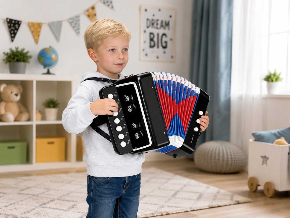 Akordeon dla Dzieci 7 Klawiszy 2 Basy Mini Akordeon Instrument Edukacyjny do Nauki Gry z Paskami ABS Lekki na Prezent Akordeon dla Początkujących