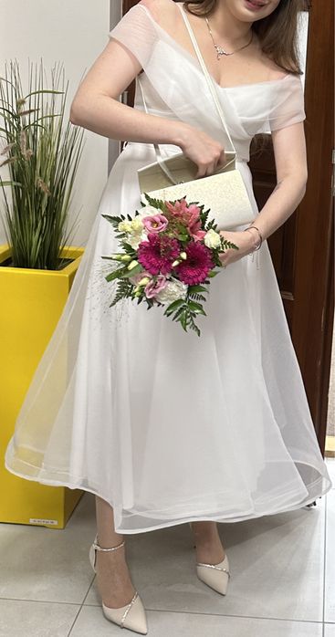 Biała sukienka MIDI „hiszpanka” - idealna na ślub cywilny/poprawiny