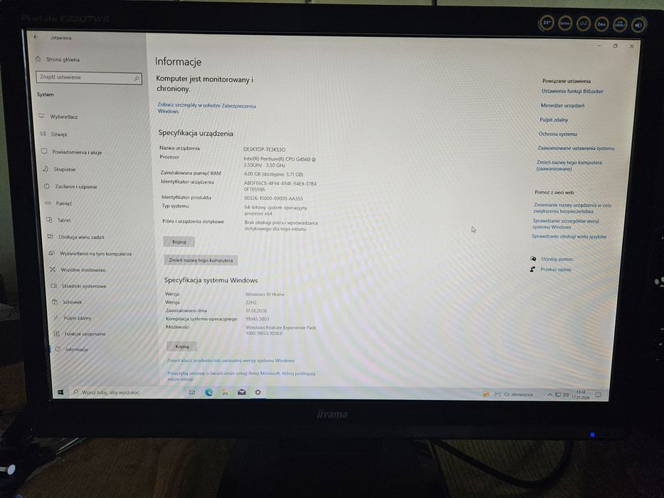 Komputer Pentium g4560, 4gb RAM, 128gb ssd, win10 + monitor 22  cale