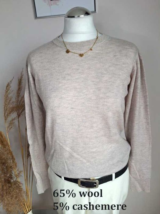 Sweter wełniany damski beżowy na zimowiska ferie melanż z kaszmirem L