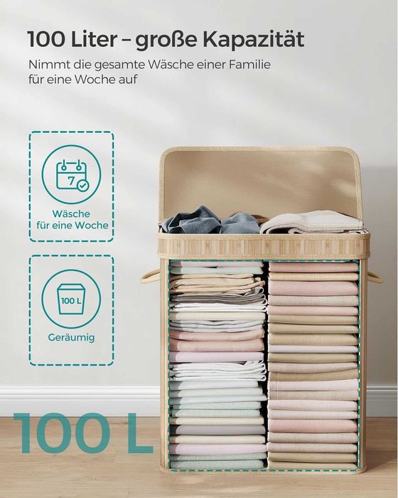 Nowy kosz na pranie z pokrywą / bambus / pojemnik / 100l !965!