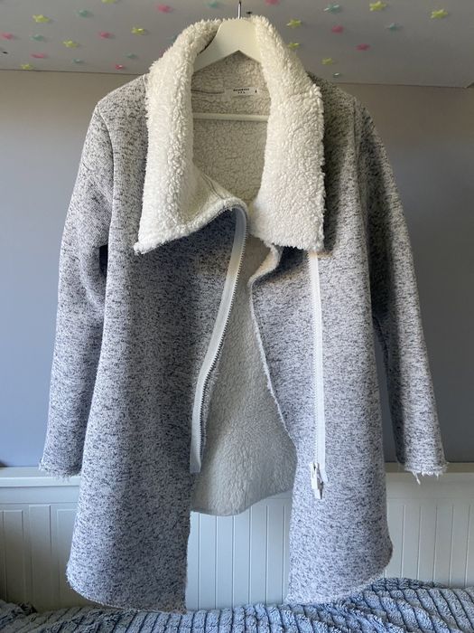 bluza rozpinana kożuch szary, długi sweter