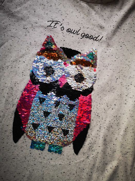 C&A szara bluzka z długim rękawem cekiny sowa r.158/164 cm 13-14 lat