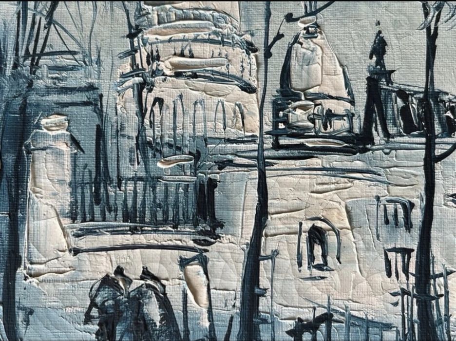 Quadro vintage pintura óleo espátula tons azuis estilo europeu