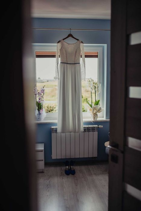 Suknia ślubna 36 koronka muślin boho rustykalna ecru śmietankowa