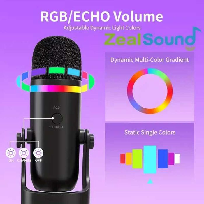 USB мікрофон ZealSound K66 PRO з RGB-підсвіткою для стрімінгу ( noise-canceling, touch control, gain & echo, чорний)