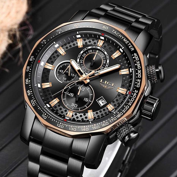 Relógio Luxo Masculino LIGE bracelete metal preto (Novo)