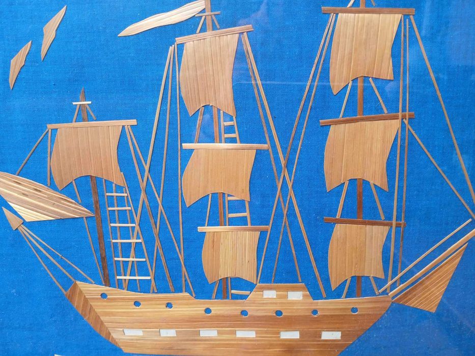 Obraz wyklejany ŻAGLÓWKA - PŁASKORZEŹBA na błękitnym tle W RAMIE 43x33