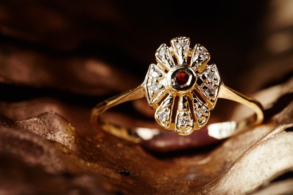 Pierścionek Złoty 585 Granat Naturalny Diamenty