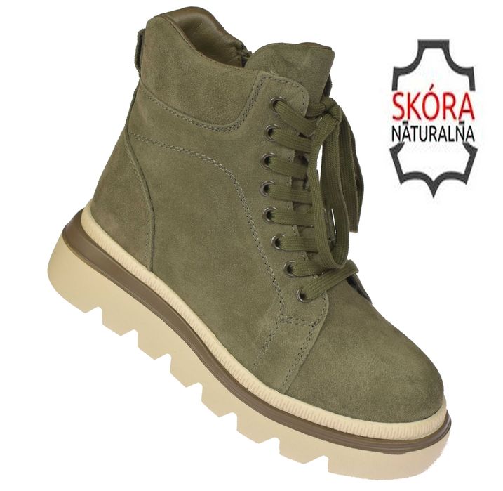 Skórzane śniegowce botki zimowe damskie creepersy B-3-1379 KH rozm. 38