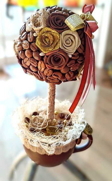 Сувенір ручної роботи топіарій «Кавове дерево» Висота 20см Діаметр 8см