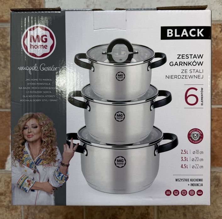 Zestaw garnków ze stali nierdzewnej MG Home Black Magda Gessler 6 el. Nowy