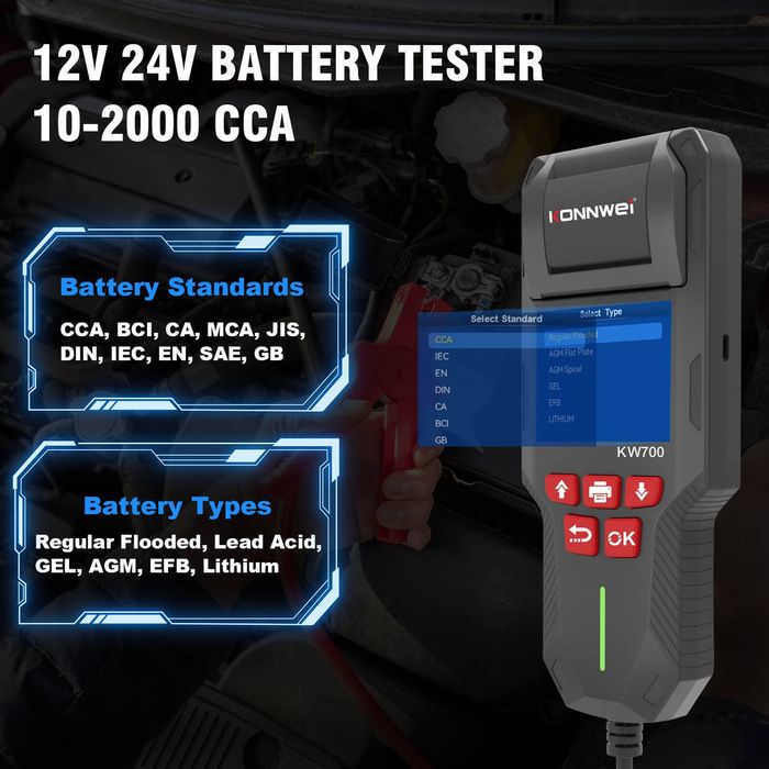 Тестер АКБ KONNWEI KW700(12-24V) з LiFePO4 (Lithium) З принтером