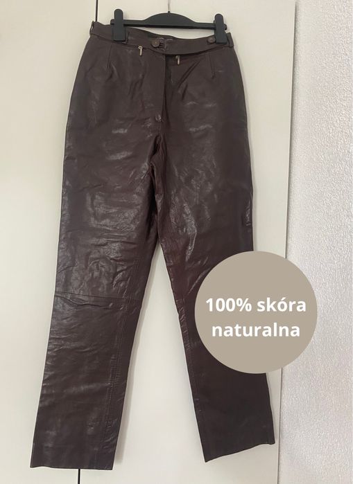 Brązowe spodnie skórzane z wysokim stanem skóra naturalna APEKS M