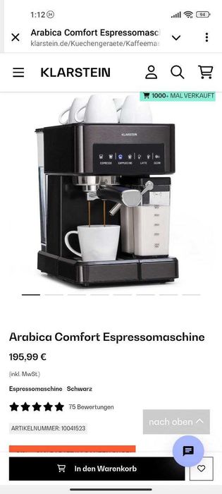 Кофеварка кавоварка сенсорна эспрессо лате капуччино Klarstein Arabica