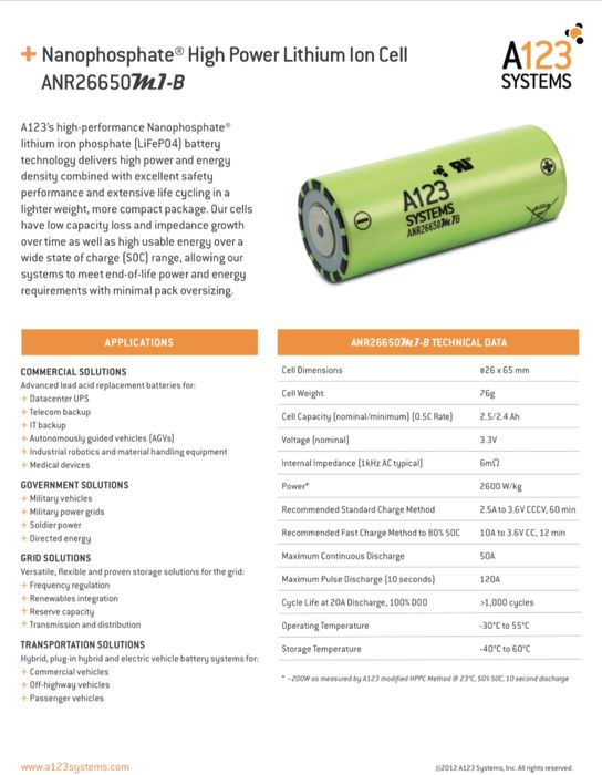 Акумулятор A123 Systems 26650 Lifepo4 3.3v 2.5Ah 50/120A Retlight pro