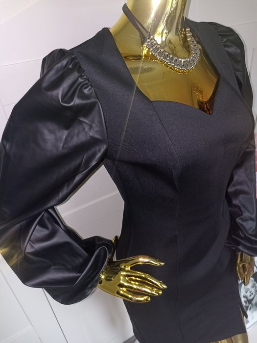 Nowa klasyczna mała czarna sukienka długie rękawy z Eco skóry R.36/38