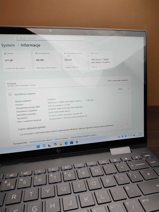 DOTYKOWY LAPTOP 2w1 | HP ENVY 13 | Ryzen 7 5800U | 8GB | 512SSD | W11