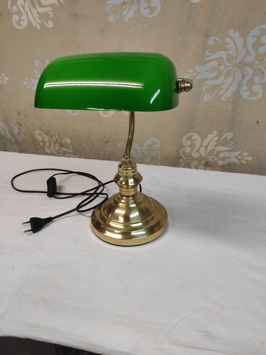 Lampa retro mosiężna  biurkowa z zielonym kloszem