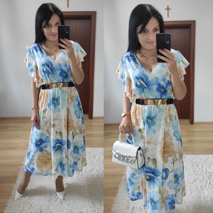 Sukienka MIDI w kwiaty wesele komunia chrzest