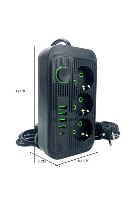 Пододовжувач, мереж.фільтр з 3 розетками і 4 USB розʼємами + 1 Type C