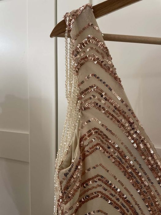 Sukienka wieczorowa maxi – cekiny, różowe złoto , Sylwester