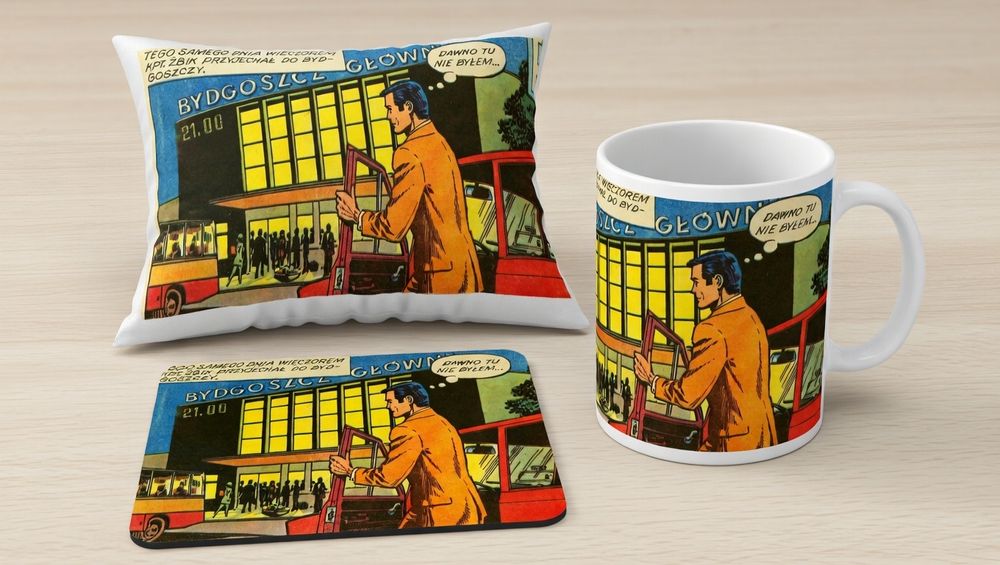 Kapitan Żbik PRL retro prezent komiks zestaw poduszka podkladka kubek