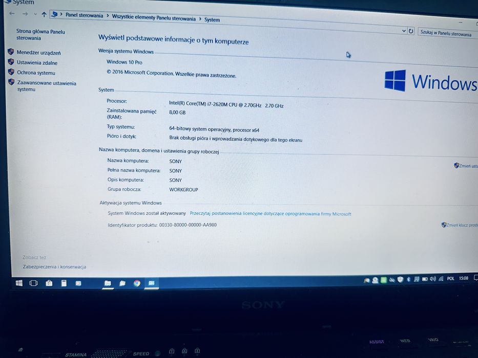 Laptop SONY 13,6” i7 2620M 8Gb RAM 60 GB SSD