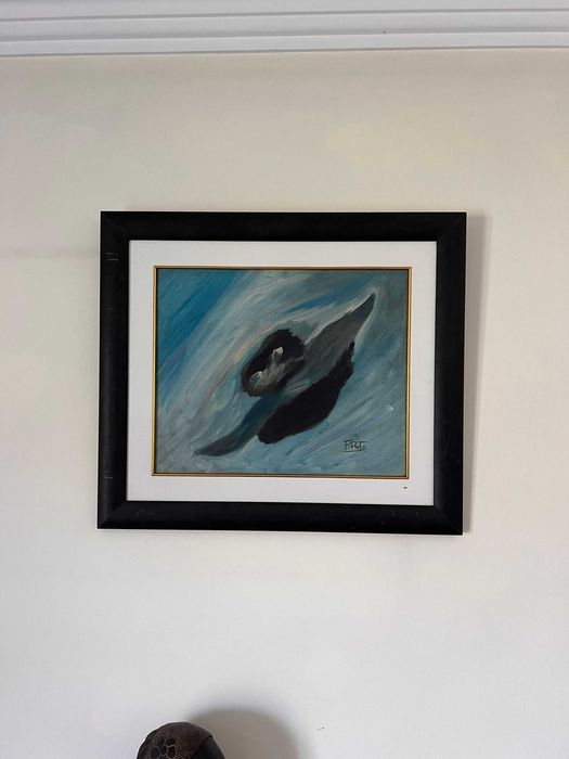 Quadro pintado a mao em tons de azul