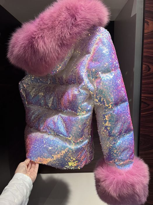 Piękna kurtka jak flo clo 100 % puch naturalny zimowa cekiny lis