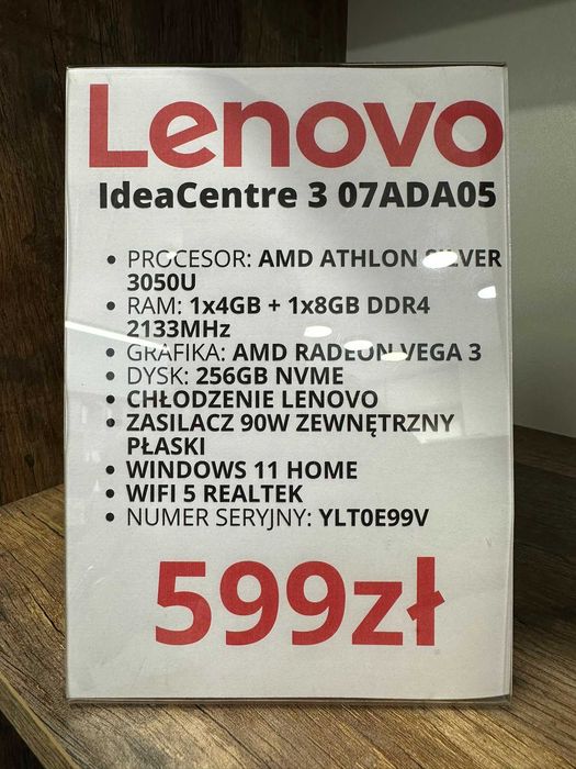 Komputer Lenovo IdeaCentre 3 07ADA05 AMD ATHLON SILVER 3050U/12GB/256GB gwarancja