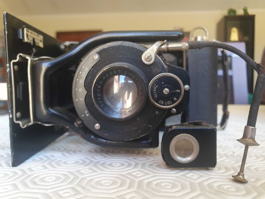 Máquina Fotográfica Antiga de Fole Lente Agee Triplex com Estojo de Couro Original