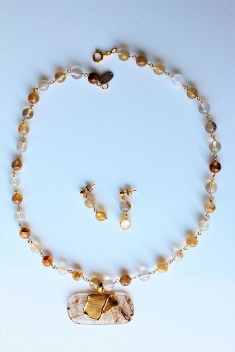 Colar e Brincos em Quartzo Rutilado Dourado