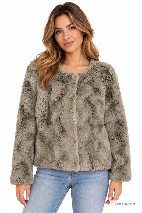 Kurtka futerko krótka beżowo-szara cozy casual L