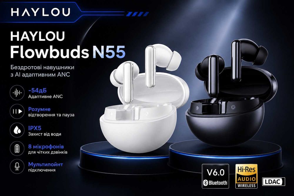 Навушники HAYLOU Flowbuds N55 LDAC Hi-Res Audio 54dB ANC IPX5 Black/White