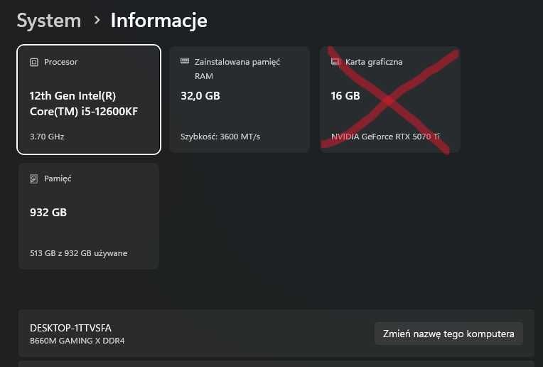 Sprzedam komputer BEZ KARTY GRAFICZNEJ i5-12600kf 32GB ram 1TB SSD