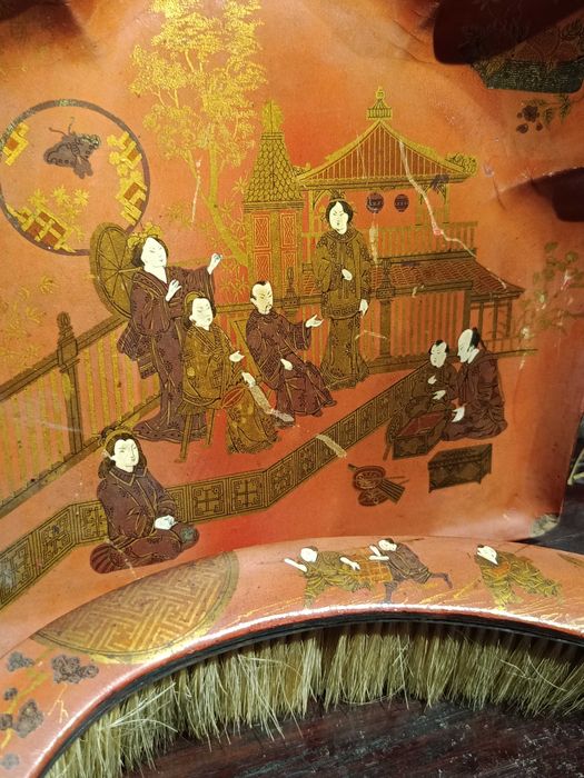 Apanha Migalhas escova Madeira Lacada Papel Machê China Séc XIX 34 cm