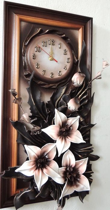 Obraz + zegar ze skóry - rękodzieło na prezent + GRAWER