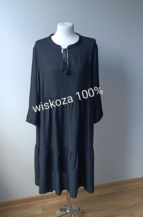 Sukienka midi czarna wiskoza oversize 46 wiosenna letnia