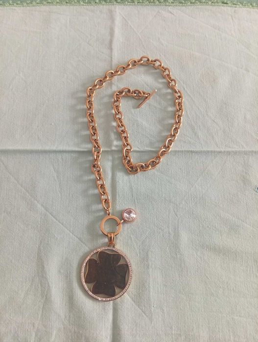 Colar dourado, com aros largos e medalha