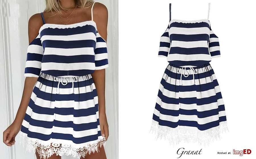 Sukienka marynarska paski S/M Koronka Odkryte ramiona