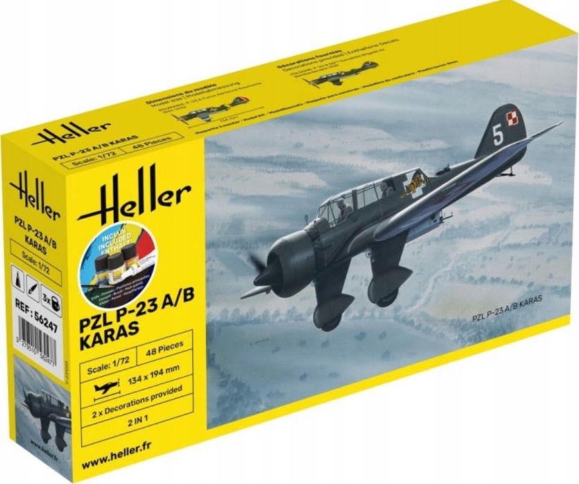 Heller 56247 Starter Set samolot PZL P23 Karaś model do sklejania 1:72