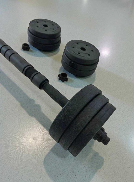 Hantle bitumiczne + łączona sztanga 10kg x2 - Zzestaw do ćwiczeń 20kg