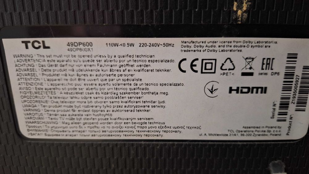 Telewizor TCL 49DP600 kreski na matrycy