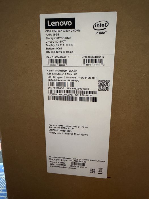 Lenovo Legion 5 15IMH05 i7 10750H 512gb SSD 16gb RAM GTX 1650ti