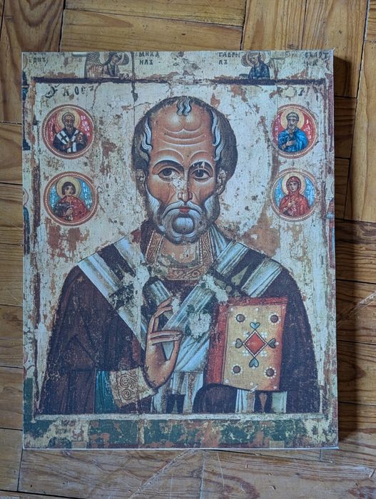 Ícone russo “São Nicolau” – reprodução soviética em tecido (1980)