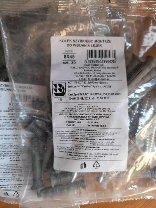 Kołki szybkiego montażu 8 x 45
