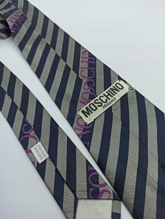 Moschino granatowy srebrny jedwabny krawat w paski mos07